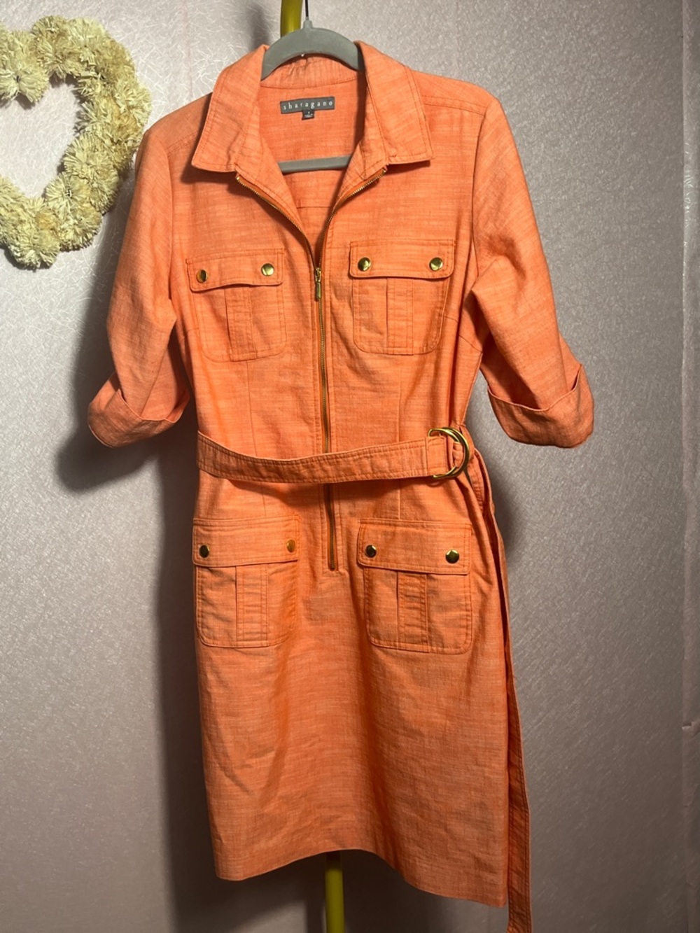 Sharagano Orange Utility Belted Shirt Dress